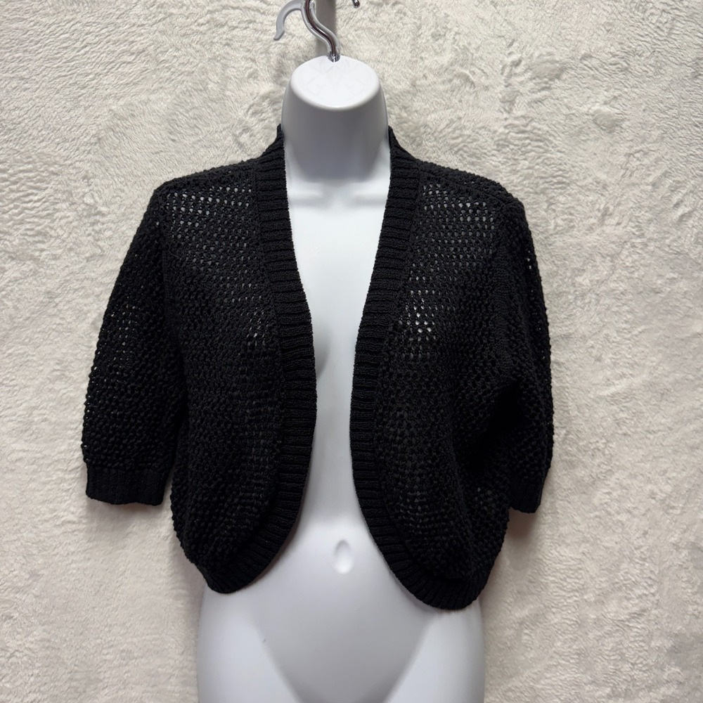 Croft Barrow Shrug Cardigan Crochet Sweater Women Medium Black Cotton Open Front